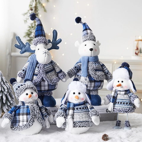 Décorations Noël Bonhomme De Neige Renne Peluche Ornements Carreau Bleu Tricoté Décor De Table Poupées Vacances Hiver