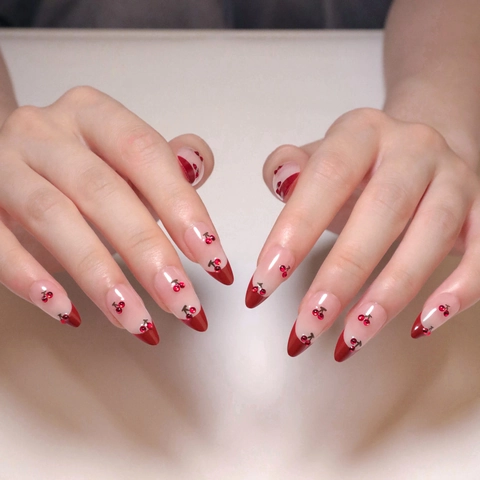 Uñas Postizas Press On Cortas Almendradas Francesas Rojas Con Diseño Cereza Diamantes Imitación 3D Dulce Para Mujer