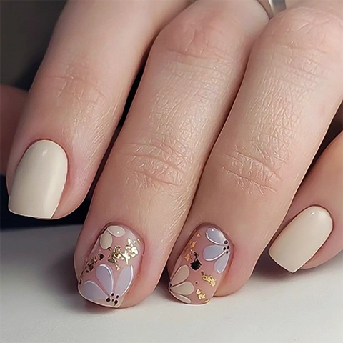 Press On Nails Short Square Purple Floral Gold Foil Design Sweet Fake Nails With Glue Elegant Manicure Art