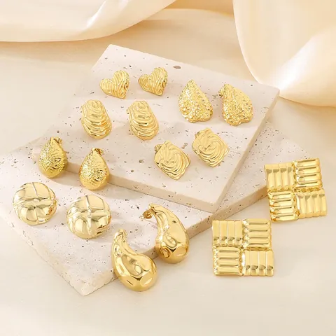 Minimalist Stainless Steel Stud Earrings For Women Hammered Relief Textured Geometric Heart Waterdrop Gold Silver Plated Jewelry