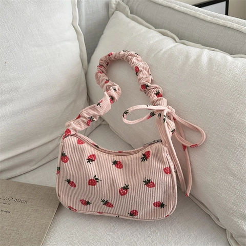 Sac Sous Les Bras En Velours Côtelé À Imprimé Fraise Poignée Froncée Petit Sac À Épaule Carré Rétro Pour Femmes