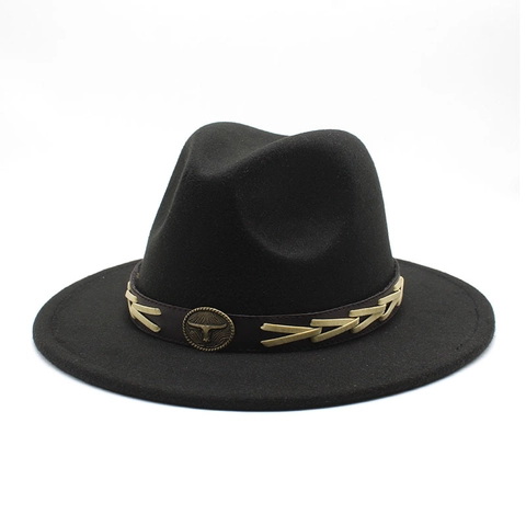 Vintage Fedora Hat Wide Brim Cotton Polyester Western Cowboy Style Bull Head Buckle Decorative Leather Band Jazz Cap