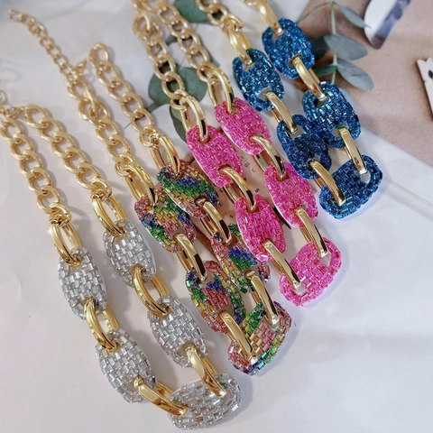Collier Vintage de Haute Qualité Exagéré avec Strass Entrelacés Forme Nez de Cochon H-Link Hip Hop Bijoux Géométriques pour Femme Cadeau de Fête