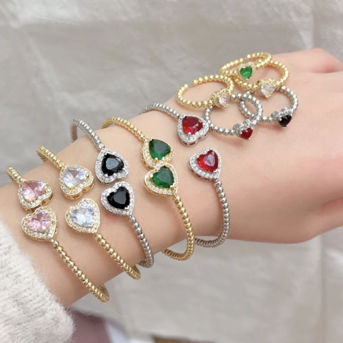 Kupfer 18K Vergoldet Verstellbar Herz Zirkonia Armreif Und Ring Set Für Damen Luxus Strass Mode Schmuck Set