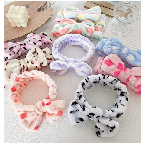Face Washing Headband Coral Fleece Plush Bowknot Makeup Shower Hair Band Elastic Soft Leopard Polka Dot Stripe Women