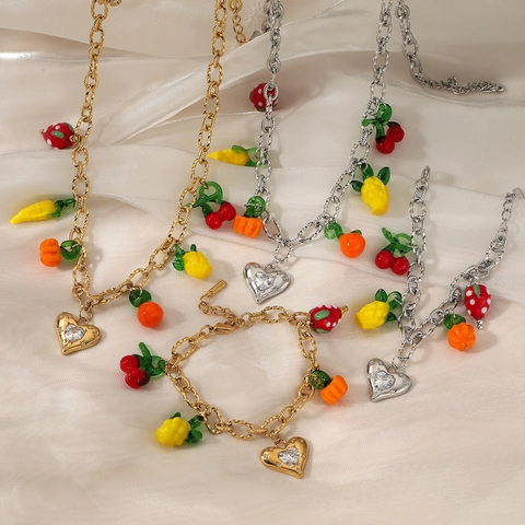 Gioielli In Acciaio Inossidabile Con Ciondoli Frutta Colorata Cuore Zircone Collana E Bracciale Per Donna