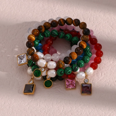 Bracciale con Perline in Pietra Naturale in Acciaio Inossidabile per Donna Ciondolo in Zirconia Perla Artificiale Malachite Onice Gioielli alla Moda Ins