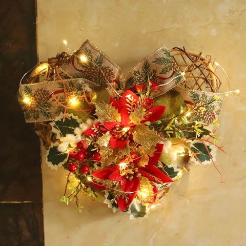 Ghirlanda Di Natale A Forma Di Cuore Ornamento Da Appendere In Rattan Luce LED Calda Poinsettia Nastro Di Lino Bacche Porta