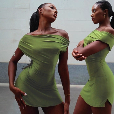 Off Shoulder Slim Fit Ruched Mini Dress Bodycon Sexy Olive Green Sleeveless Summer Party Wear For Women