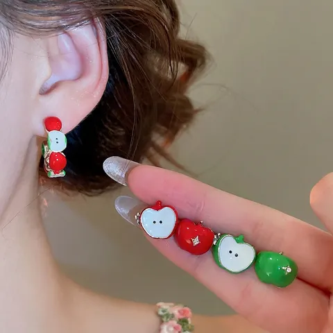 Apple Fruit Earrings Ring Enamel Alloy Stud Hoops Adjustable Finger Jewelry With Silver Earring Post Women Girls Sweet
