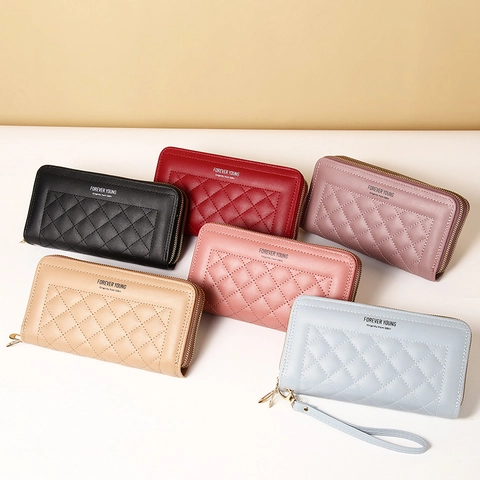 Damen Geldbörse Lang PU Leder Dual Reißverschluss Große Kapazität Gestepptes Rautenmuster Clutch Mit Handschlaufe