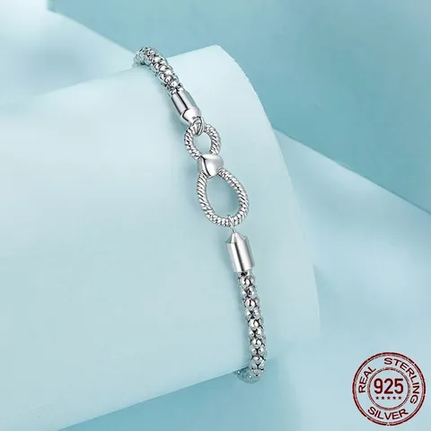 925 Sterling Silver Bracelet For Women Infinity Symbol Heart Accent Popcorn Mesh Chain Minimalist Fashion Jewelry Gift
