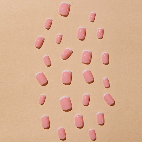Unghie Finte A Pressione Design Francese Plastica ABS Lucida Rosa Bianco Quadrato Arrotondato Con Lima E Adesivi Per Colla Gel