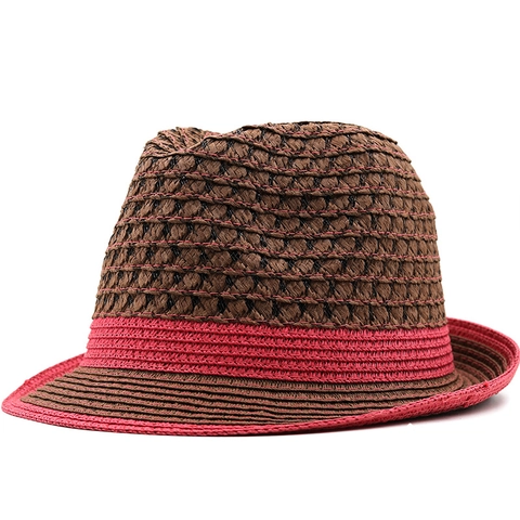Ademende Stro Fedora Hoed Zomer Strand Zonbescherming Unisex Jazz Cap Casual Contrastkleur Bruin Fuchsia