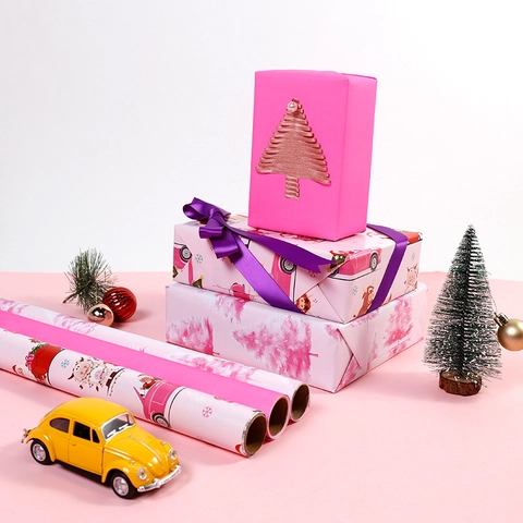 Christmas Gift Wrapping Paper Roll Pink Aesthetic Cartoon Santa Snowman Coated Paper For Holiday Presents Decor