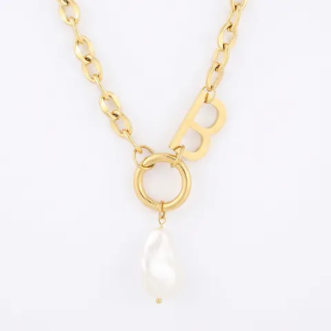 Collana Con Pendente Lettera B Vintage Acciaio Inossidabile Catena Spessa Imitazione Perla Artificial Barocca Per Donna
