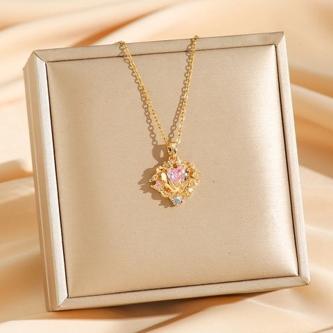 Oceaanhart Hanger Ketting Roze Zirkoon Hart Titanium Staal Sleutelbeenketting Voor Vrouwen Fonkelend Premium Elegant