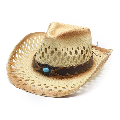 Chapeau De Cow-Boy En Paille Vintage Large Bord Respirant Protection Solaire Tissé Été Plage Avec Pierre Turquoise