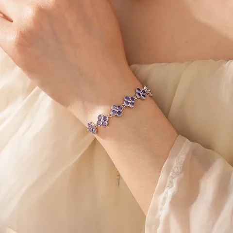 Elegant Flower Bracelet For Women Copper With Purple Zircon Clover Design Adjustable Silver Plated Jewelry