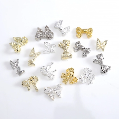 3D Strikje Vlinder Nagelkunst Charms Zinklegering Strass Zirkoon Metalen Manicure Decoraties Goud Zilver DIY Luxe Stijl