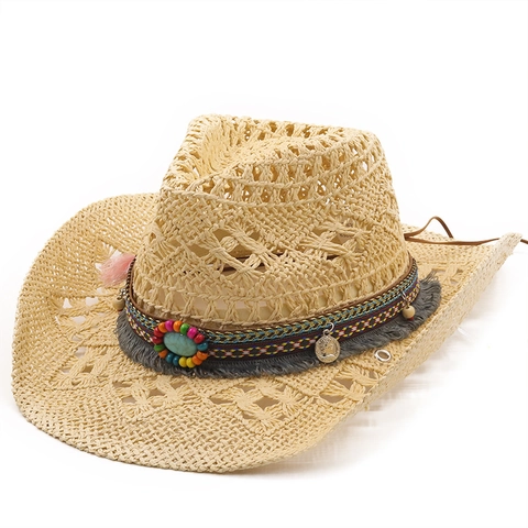 Sombrero De Vaquero De Paja Bohemia Para Mujer Sombrero De Sol Tejido Con Cuentas De Turquesa Borlas