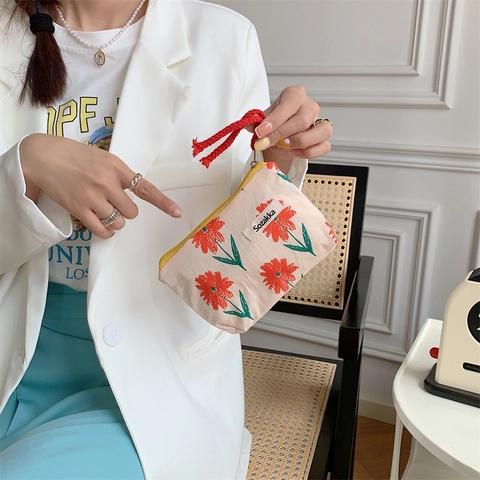 Women Cotton Canvas Floral Cosmetic Bag Small Coin Purse Zipper Portable Storage Pouch With Rope Pull Japanese Style