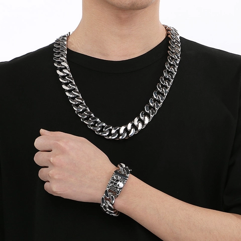 Collana E Bracciale Da Uomo Hip Hop Catena Cubana Acciaio Inossidabile Chiusura A Teschio Gioielli