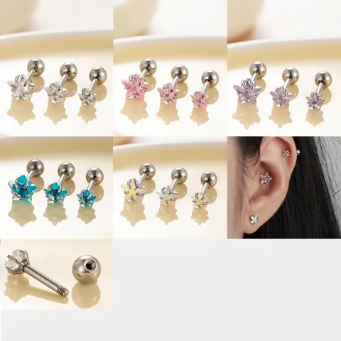 Star Zircon Stud Earrings Titanium Steel Screw Back Cartilage Piercing Jewelry For Women Sweet Style Colorful