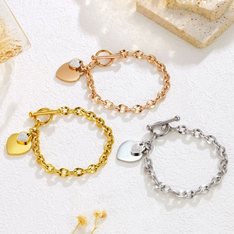 Double Heart Pendant Bracelet Stainless Steel Rhinestone Pavé Toggle Clasp Chunky Link Chain Fashion Jewelry For Women