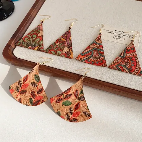 Bohemian Drop Earrings Vintage Ethnic Geometric Printed Cork Jewelry With 925 Sterling Silver Earring Post For Women