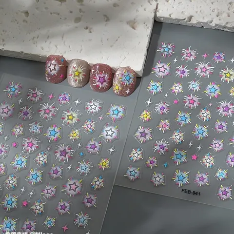 Stickers Pour Ongles Relief 5D Feux Artifice Colorés Étoile Gaufré Auto-Adhésif Imperméable Décoration DIY Pour Femmes