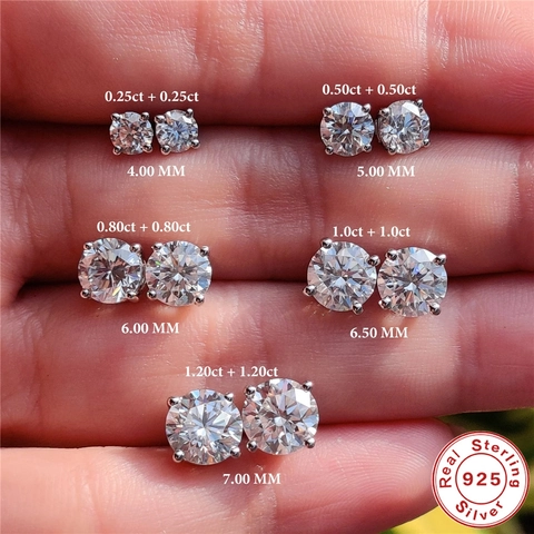 925 Sterling Silver Moissanite Stud Earrings Round Brilliant Cut Four-Prong Platinum Plated Elegant Women Jewelry