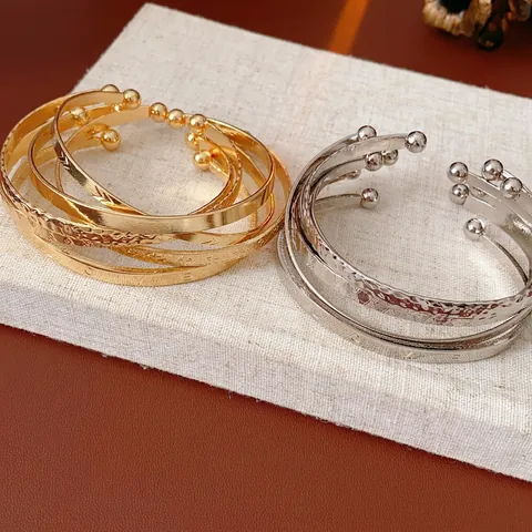 Brazaletes Abiertos De Aleación Martillado Pulido Patrón Geométrico Joyería De Mano Moda Estilo Retro Lujo Para Mujer