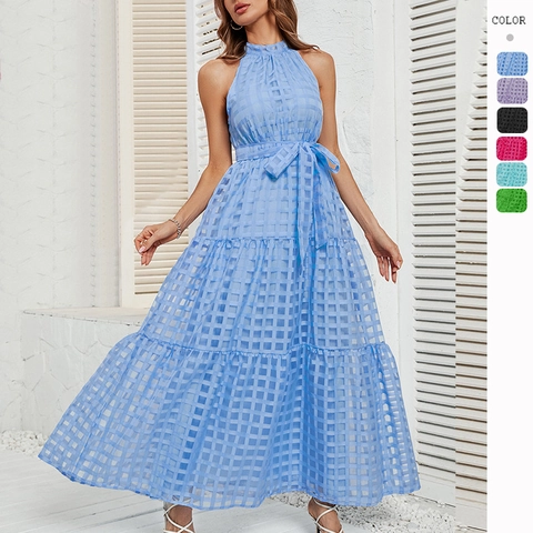 Abito Maxi Halter Collo Texture A Quadri Senza Maniche Con Volant Orlo Cintura Da Annodare Estate Vacanza Donna