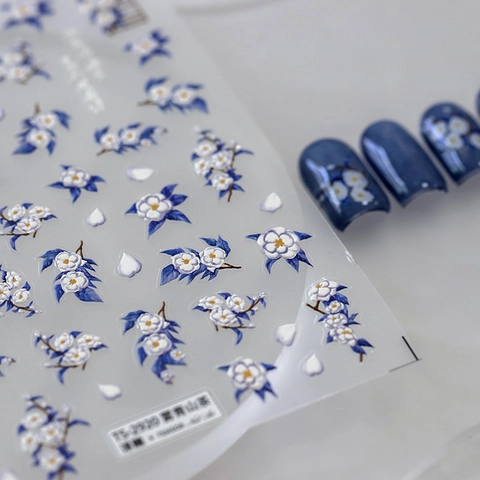 Autocollants À Ongles Relief 3D Fleur De Camélia Style Chinois Bleu Blanc Floral Auto-Adhésif Ultra Mince PET Manucure