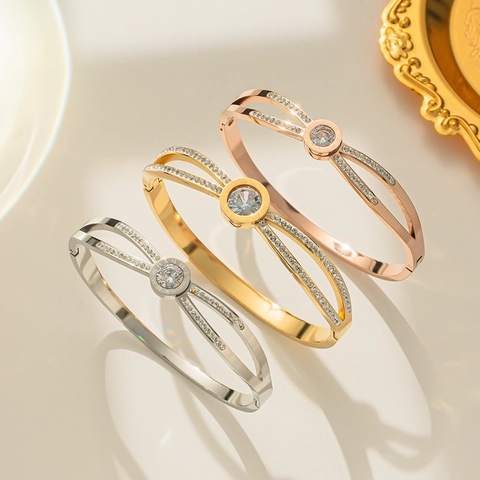 Fashion Titanium Steel Bangle For Women Roman Numerals Double Ring Zirconia Inlaid Rose Gold Silver Gold Bangle Jewelry Gift