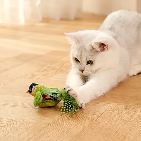 Giocattolo Per Gatti Uccello Di Simulazione Realistico Con Suono Piuma Naturale E Corda Elastica Appesa Interattivo Peluche Gattino