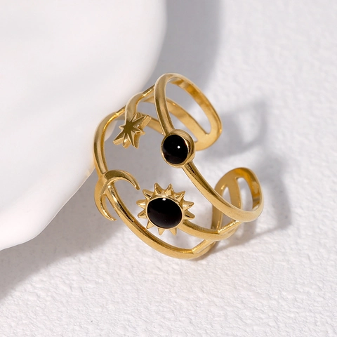 Celestial Sun Moon Star Open Ring Stainless Steel 18K Gold Plated Multi Layer Adjustable Jewelry For Women