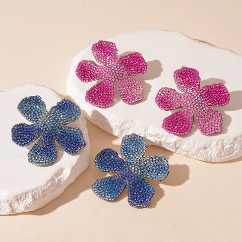 Oversized Flower Stud Earrings With Gradient Rhinestone And Silver Earring Post Statement Luxury Floral Jewelry For Women