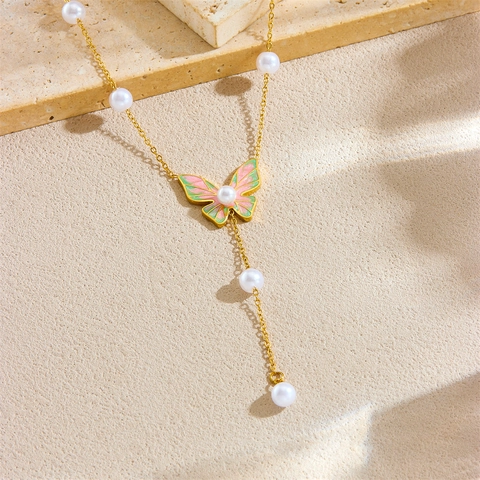 Collar Con Colgante De Mariposa Acero Inoxidable Esmalte Borla Perla Artificial De Imitación Forma De Y Joyería Para Mujer