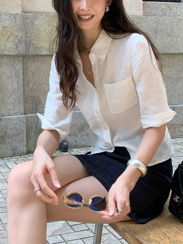 Women Cotton Linen Blouse Mid Sleeve Button Down Lapel Collar Pocket Casual Commuter Breathable Top