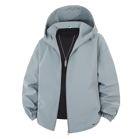 Men Hooded Windbreaker Jacket Lightweight Solid Color Windproof Casual Outdoor Outerwear Zip Up Coat