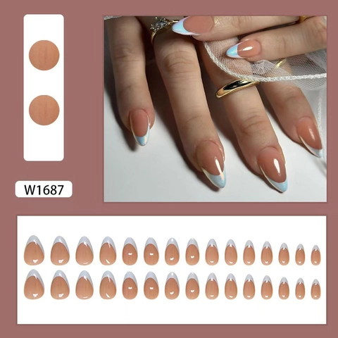 Γαλλικό Στυλ Almond Press On Νύχια ABS Aurora Artificial Pearl Μπλε Μύτες Nude Ροζ Αποσπώμενο Μανικιούρ Για Γυναίκες