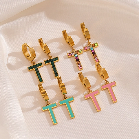 Pendientes De Aro De Acero Inoxidable De Moda Con Colgante De Letra T Diamantes De Imitación Coloridos Esmalte Para Mujeres Estilo INS