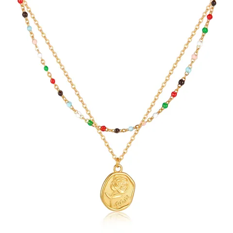 Edelstahl Doppelschichtige Halskette mit Rosentanhänger Goldene Bunte Perlen Vintage Florale Schlüsselbeinkette Schmuck
