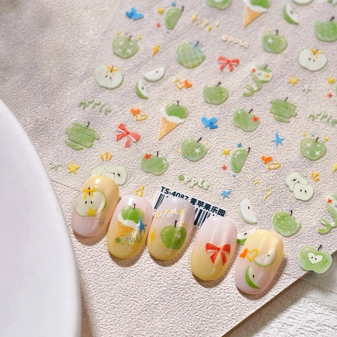 Nail Stickers 3D Relief Green Apple Fruit Pattern Cartoon Self Adhesive Manicure Decoration For Women Children