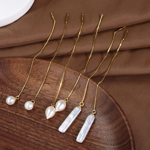 S925 Sterling Zilver Zoetwaterparel Ear Threader Oorbellen Minimalistische Lange Ketting Barok Druppel Parel Oorbellen