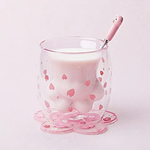 Tasse En Verre À Double Paroi Patte De Chat Borosilicate Isolé Motifs De Fleurs De Cerisier Mignonne Pour Café Lait Cadeau