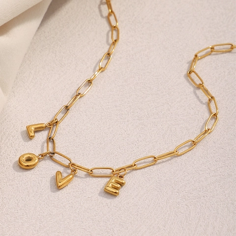 LOVE Letter Pendant Necklace 18K Gold Plated Stainless Steel Paperclip Chain Fashionable Daily Jewelry For Women