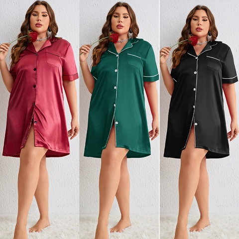 Plus Size Women Satin Nightdress Short Sleeve Button Down Satin Sleepwear Contrast Piping Lapel